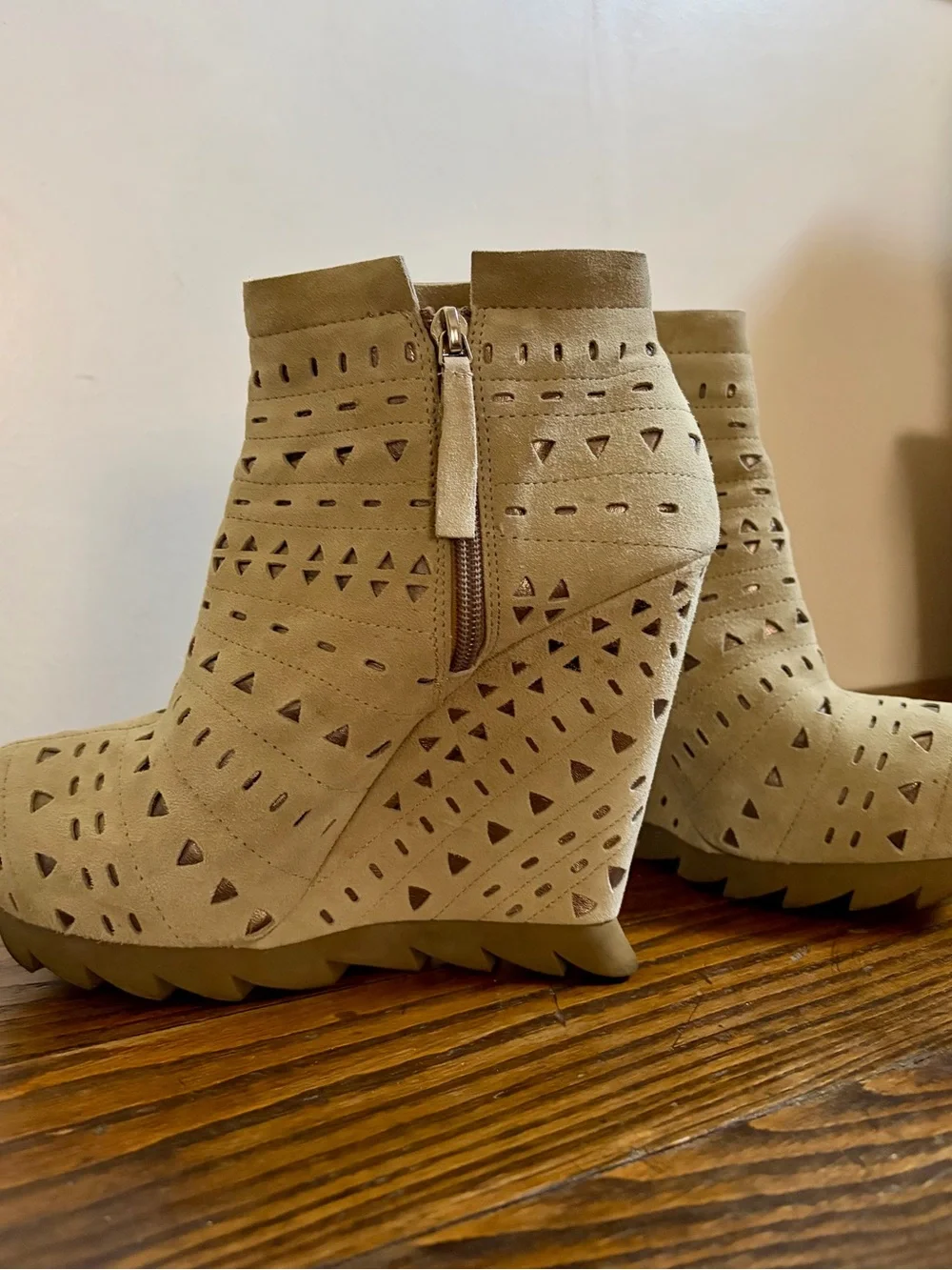 Cutout Suede Wedge Ankle Boots in Taupe